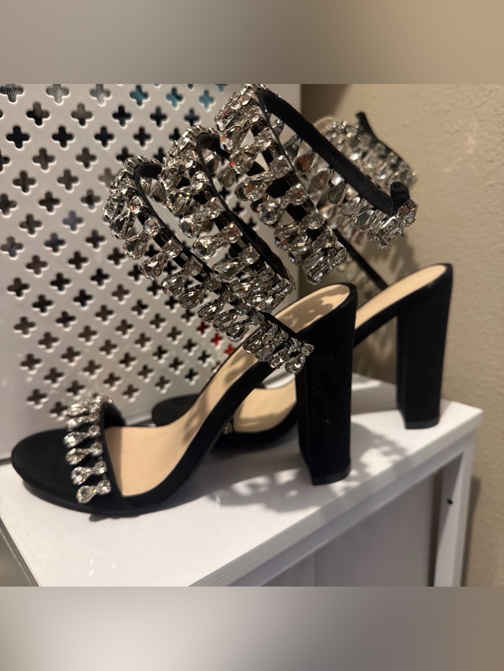 DIVA Lounge Black Crystal-Strap Block Heel Sandals